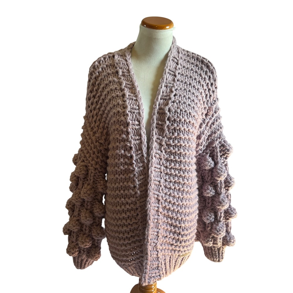Wishlist Boho Purple Chunky Knit Warm Bubble Sleeve Cardigan Sweater Small NEW